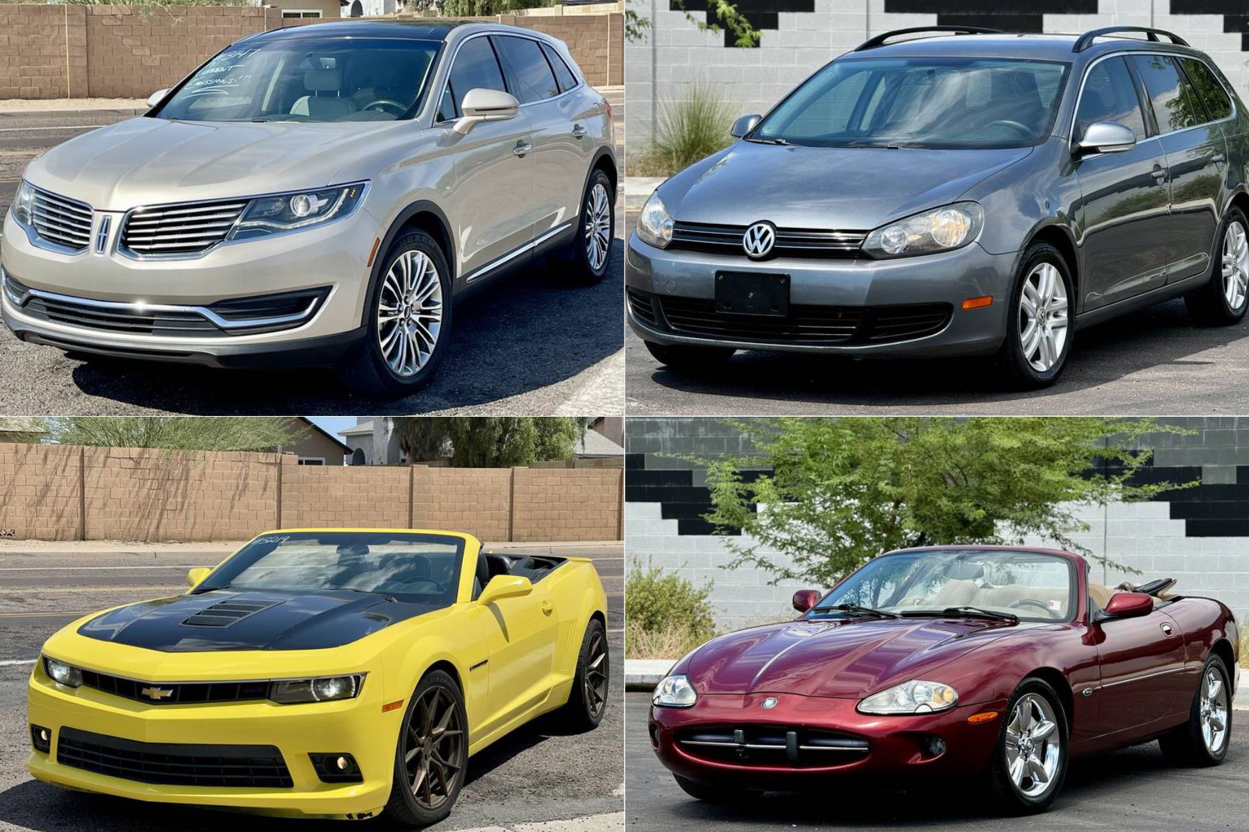 Four cars at the Auction Yard: beige Lincoln MKX, gray VW Jetta SportWagen, yellow Chevy Camaro convertible, maroon Jaguar XK convertible.