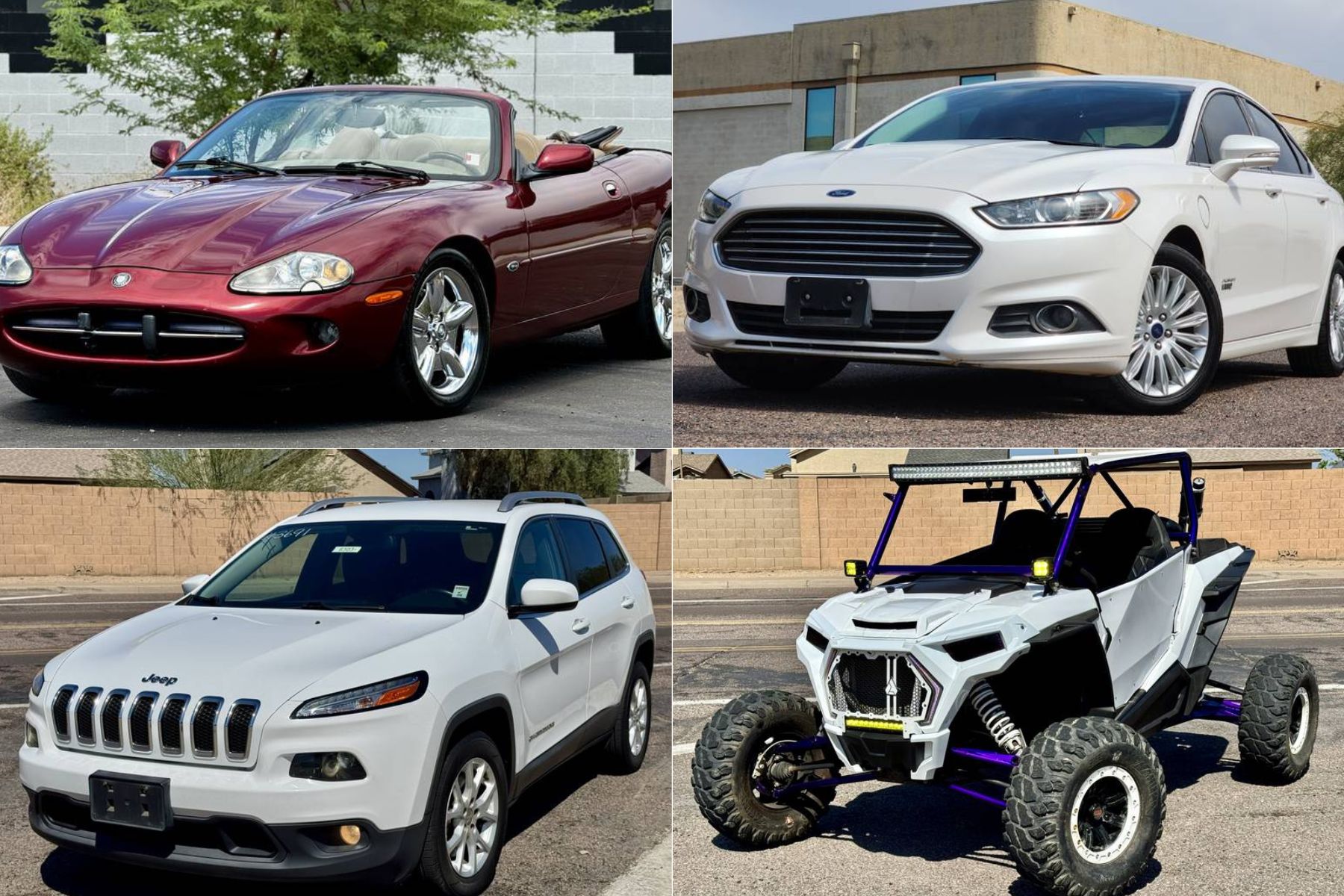 A collage featuring a red Jaguar convertible, a white Ford Fusion, a white Jeep Cherokee SUV, and a custom off-road buggy with large tires and a roll cage.