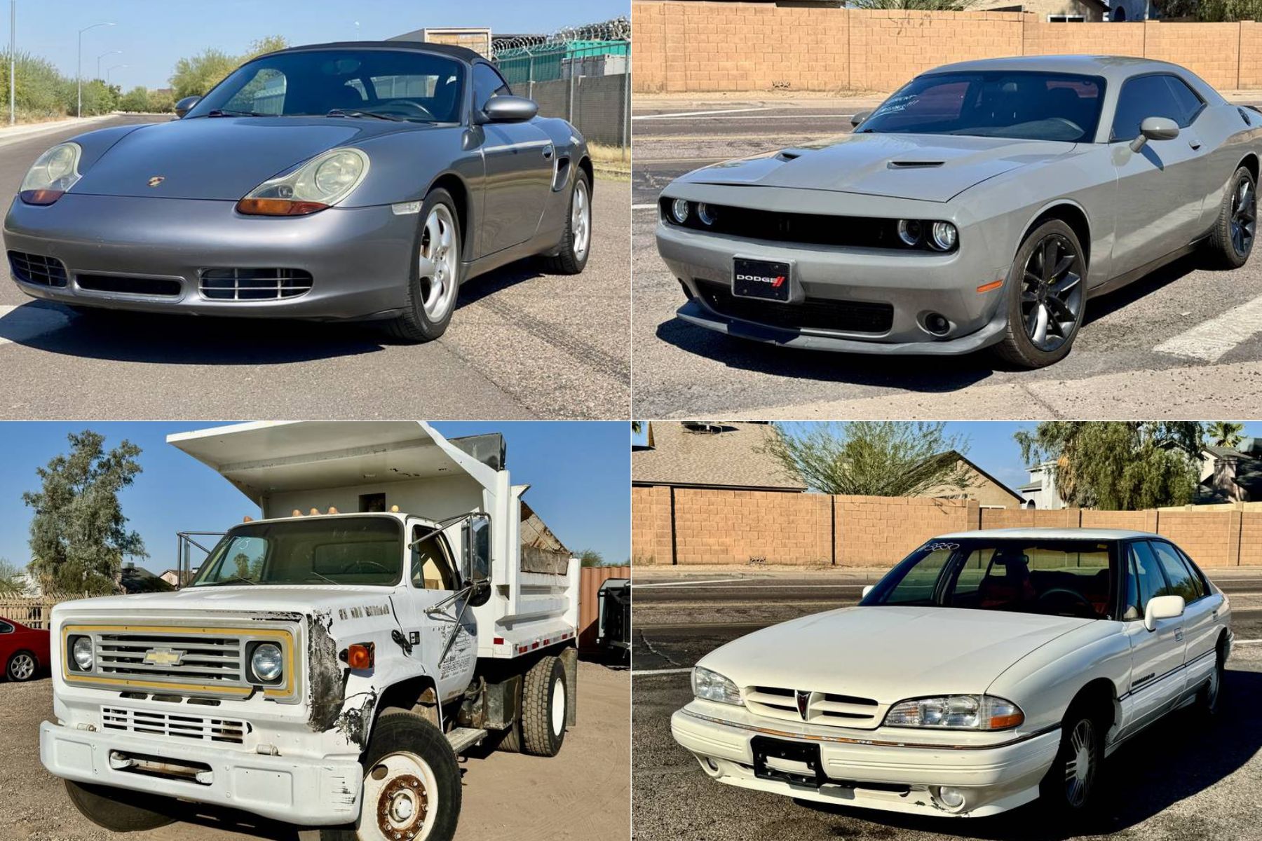 A collage featuring a gray Porsche convertible, a gray Dodge Challenger, a white Chevy dump truck with visible wear, and a white Pontiac sedan.