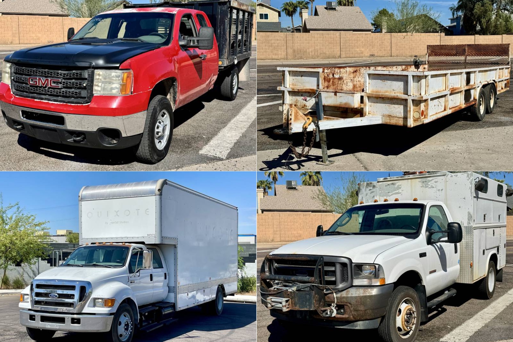 A collage of vehicles and equipment: a red GMC truck, a rusty white flatbed trailer, a large white box truck, and a white utility service truck.