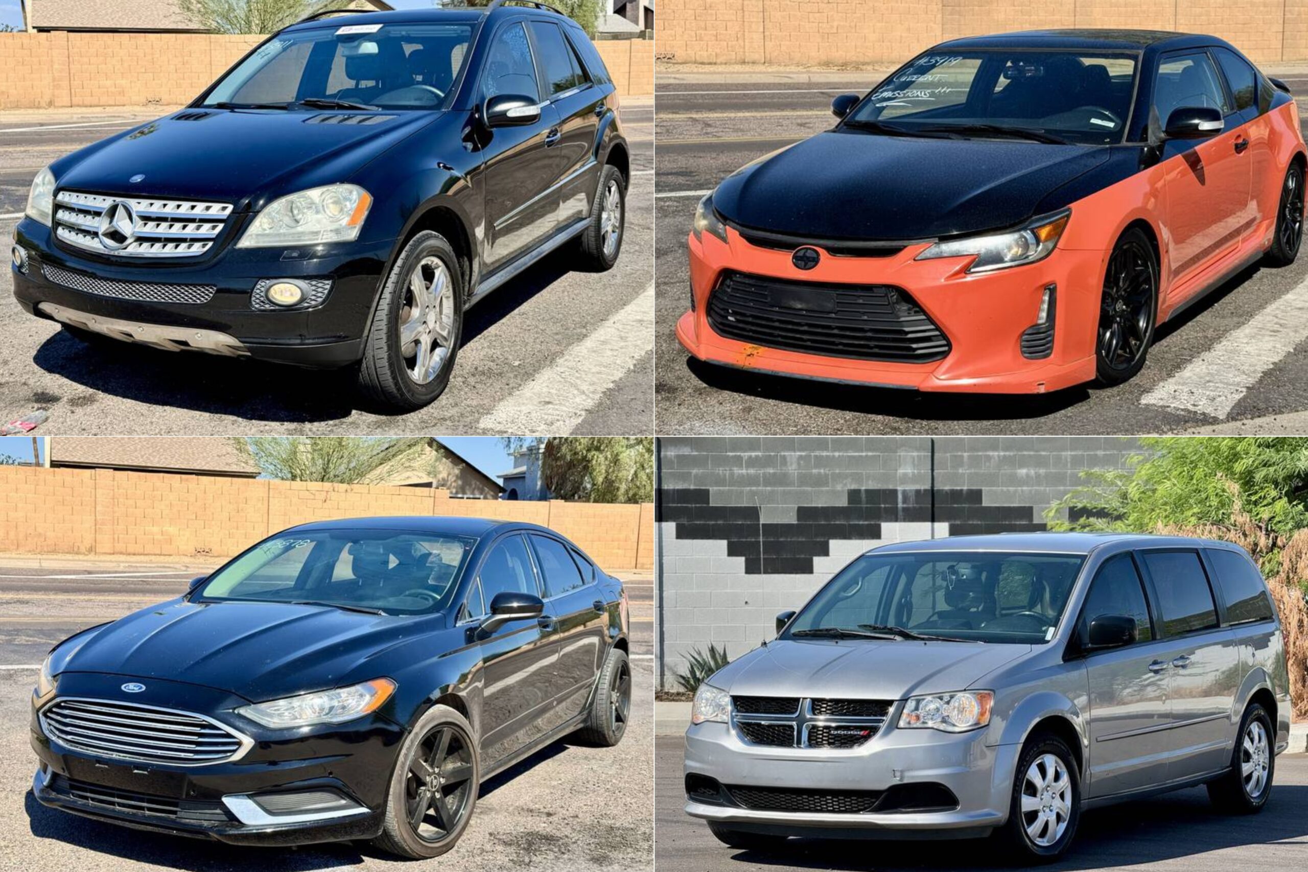 A collage of four vehicles including a black Mercedes-Benz SUV, an orange and black Scion tC, a black Ford Fusion, and a silver Dodge Caravan.