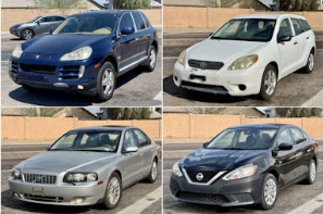 A collage of four auction vehicles: a blue Porsche Cayenne, a white Toyota Matrix, a silver Volvo sedan, and a black Nissan Sentra.